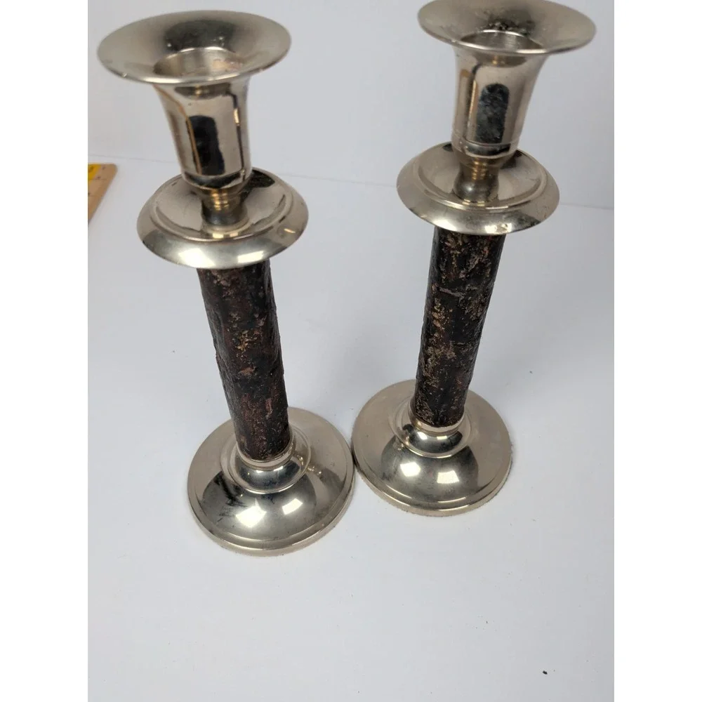 William Sonoma Walnut Bark / Silver Candle Sticks  8 1/4 in set of 2
